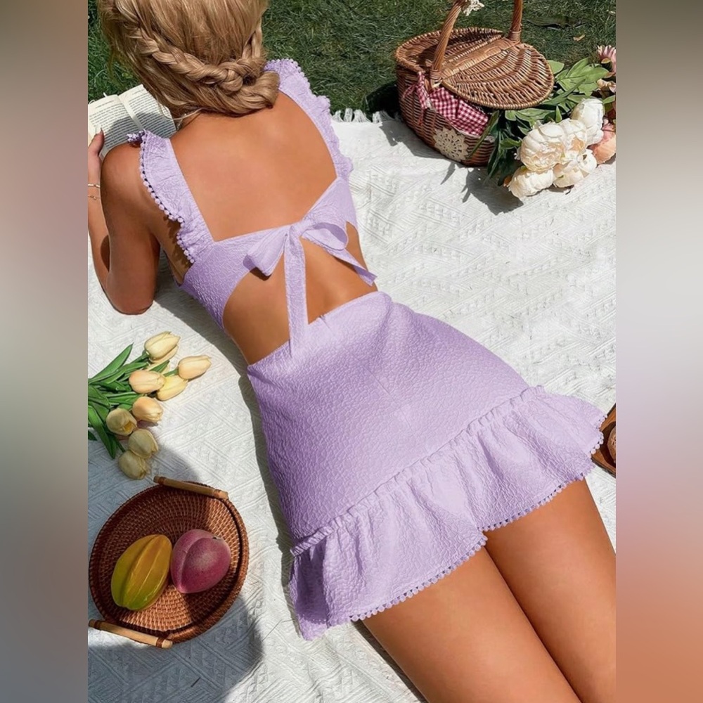 Women's Boho Backless Knot Ruffle Hem High Waist Trim Textured Mini Dress - Picture 5 of 10